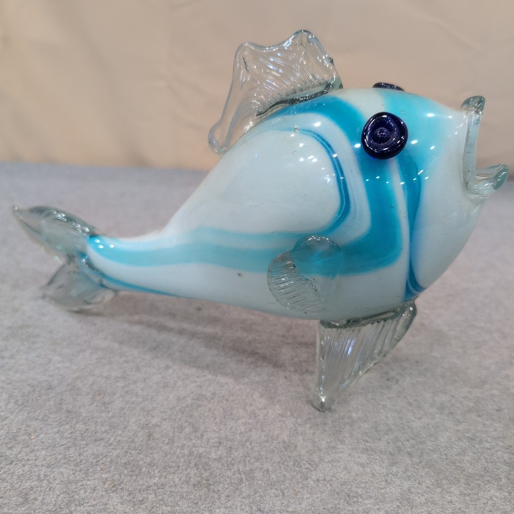 Hand Blown Art Glass Fish Figurine Blue White Swirl Nautical Decor Sculpture - Picture 2 of 8